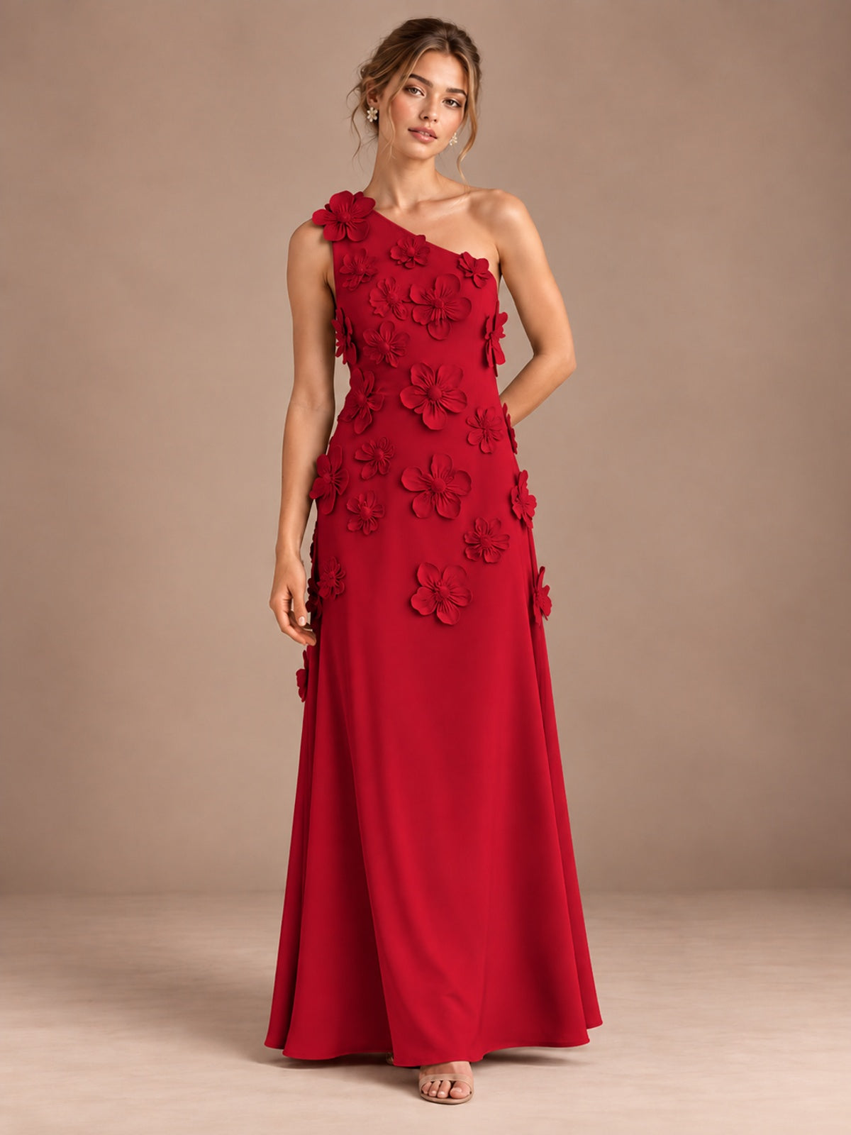 Red- One Shoulder Satin Formal Maxi Dress with 3D Floral