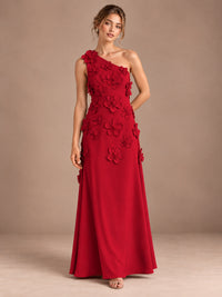 Red- One Shoulder Satin Formal Maxi Dress with 3D Floral