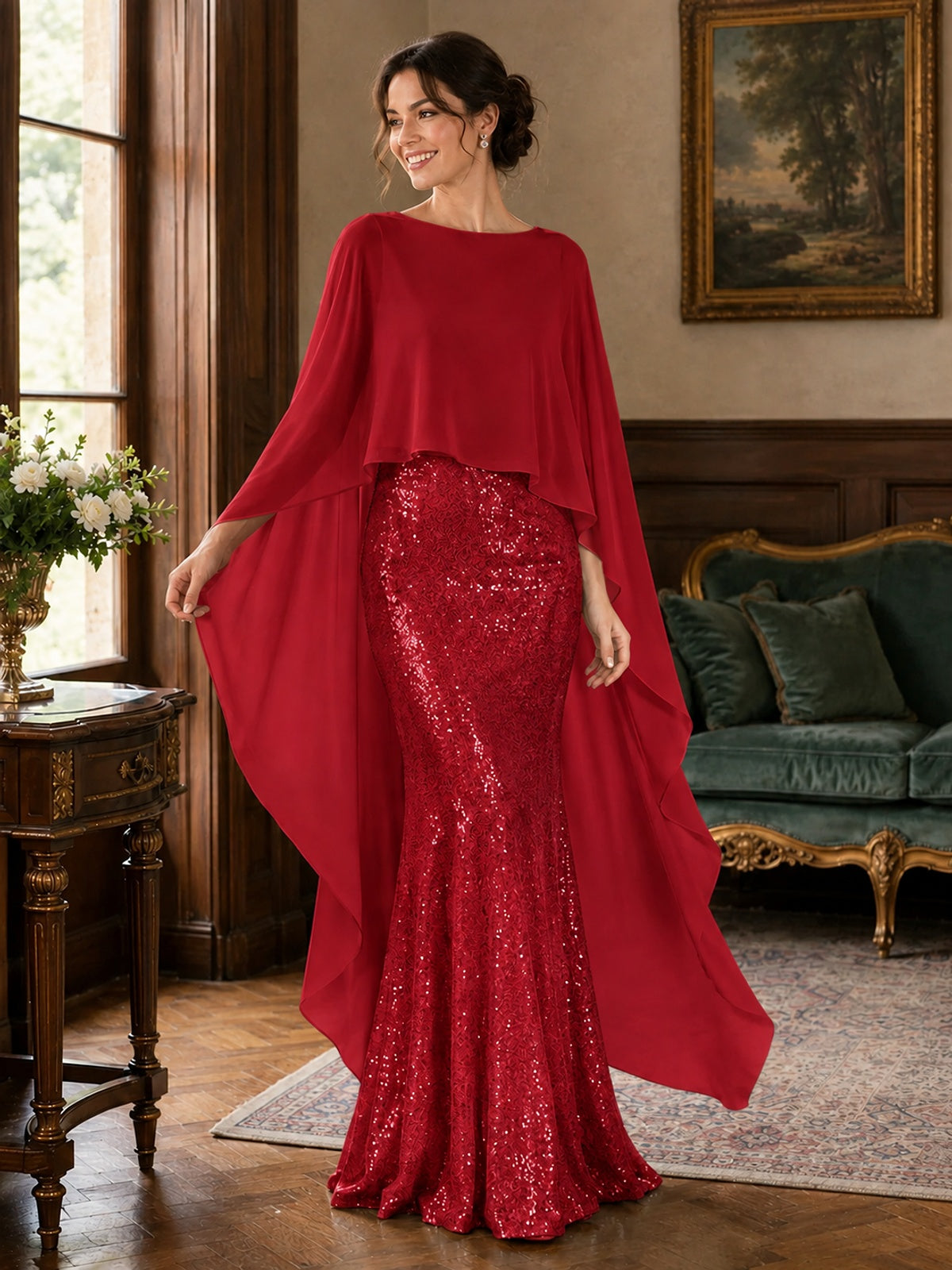 Sequin 2 Pieces Mother of the Bride Dress with Cap Sleeves Chiffon Formal Gowns
