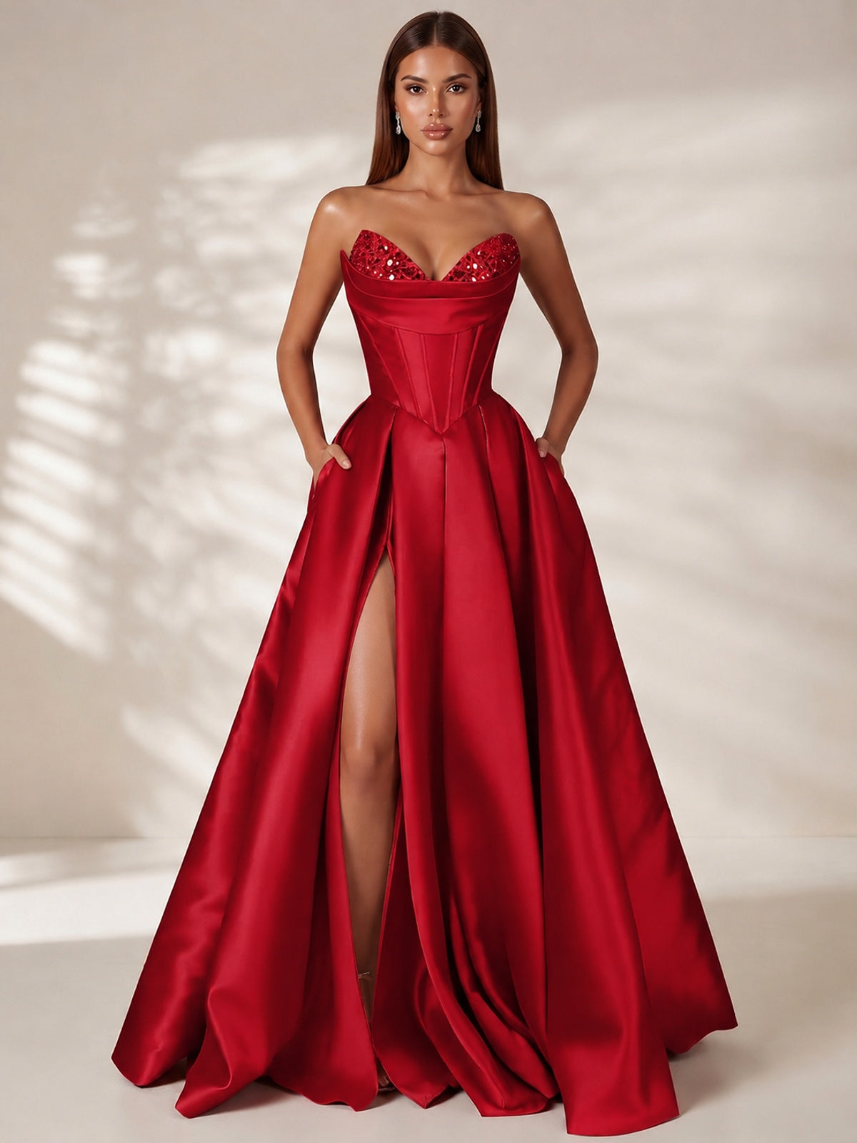 Strapless Corset Satin Prom Dress Long Evening Gown with High Slit