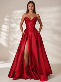 Strapless Corset Satin Prom Dress Long Evening Gown with High Slit