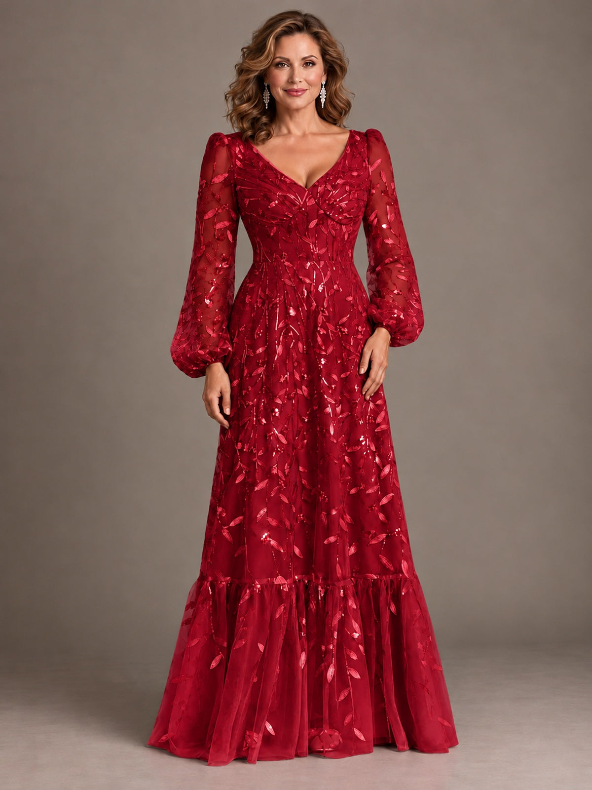 Floral Sequin Embroidered A-Line Mother of the Bride Dress with Long Sleeves