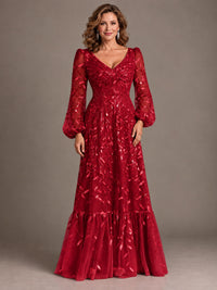 Floral Sequin Embroidered A-Line Mother of the Bride Dress with Long Sleeves