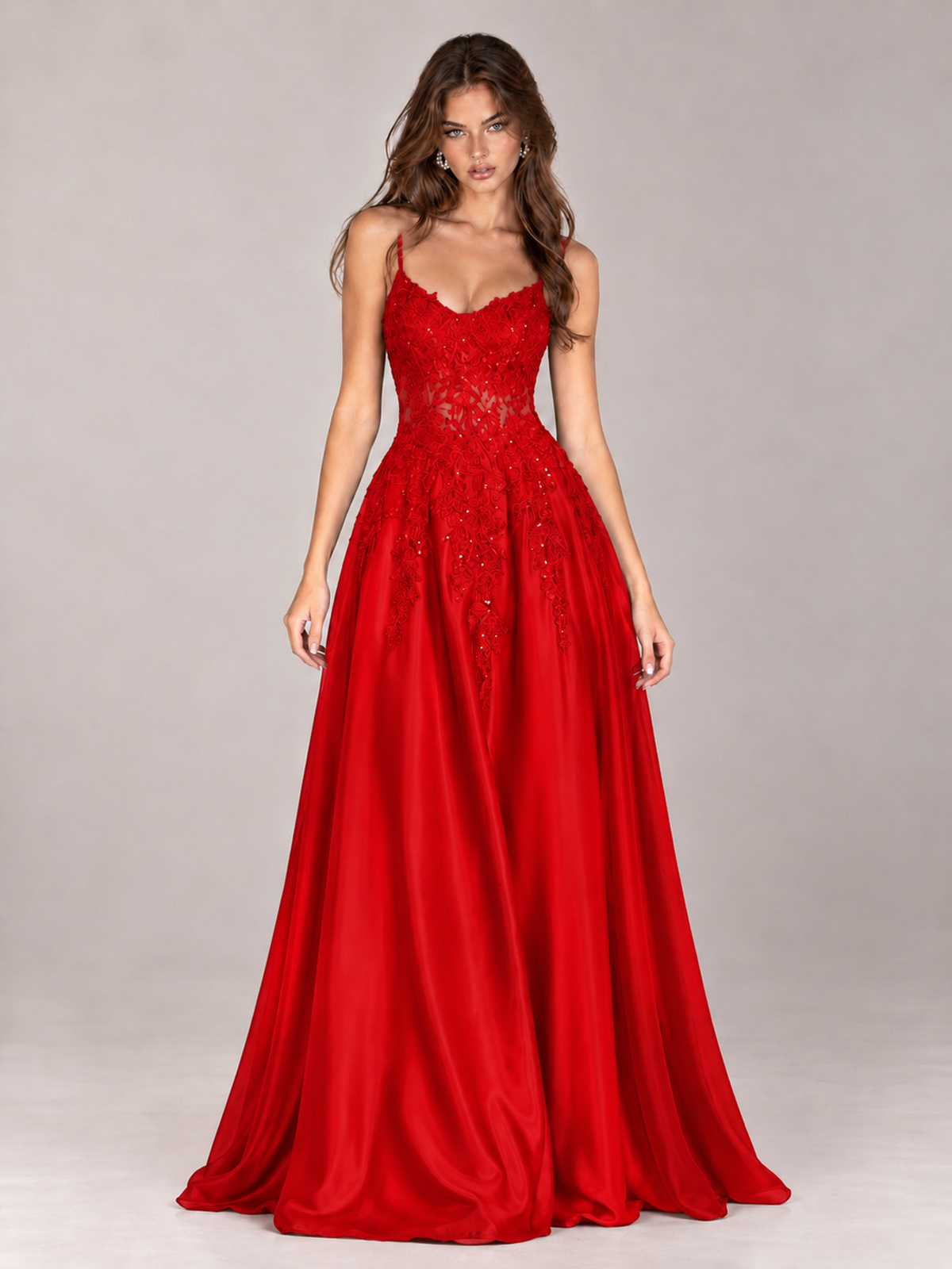 Lace Applique Satin A-Line Prom Dress with Sheer Bodice