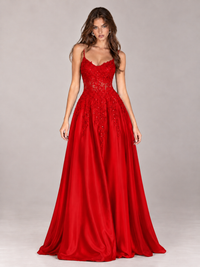Lace Applique Satin A-Line Prom Dress with Sheer Bodice