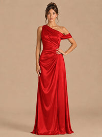 Red-satin one shoulder prom dress ruched long formal gow Jovelle