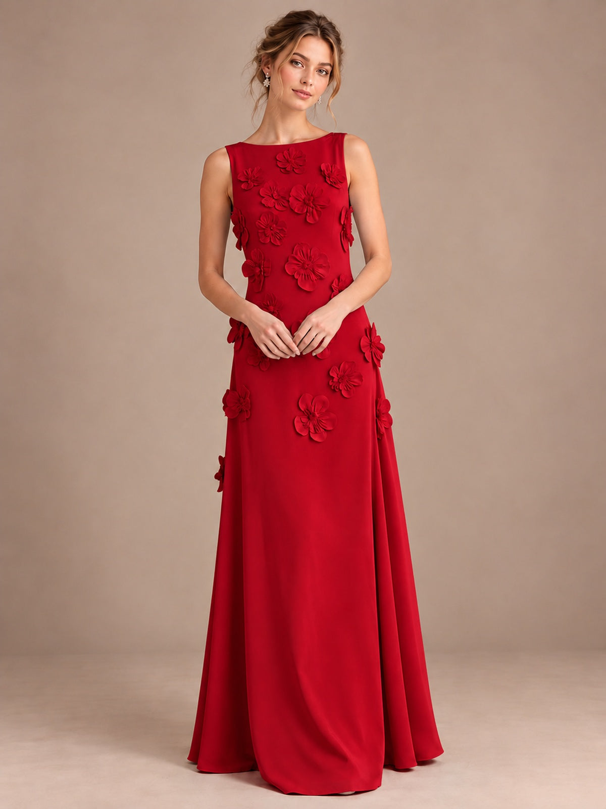 3D Floral Applique Sleeveless Formal Maxi Dress