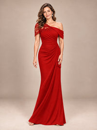 Red-Lace One Shoulder Chiffon Ruched Mother of The Bride Dresses