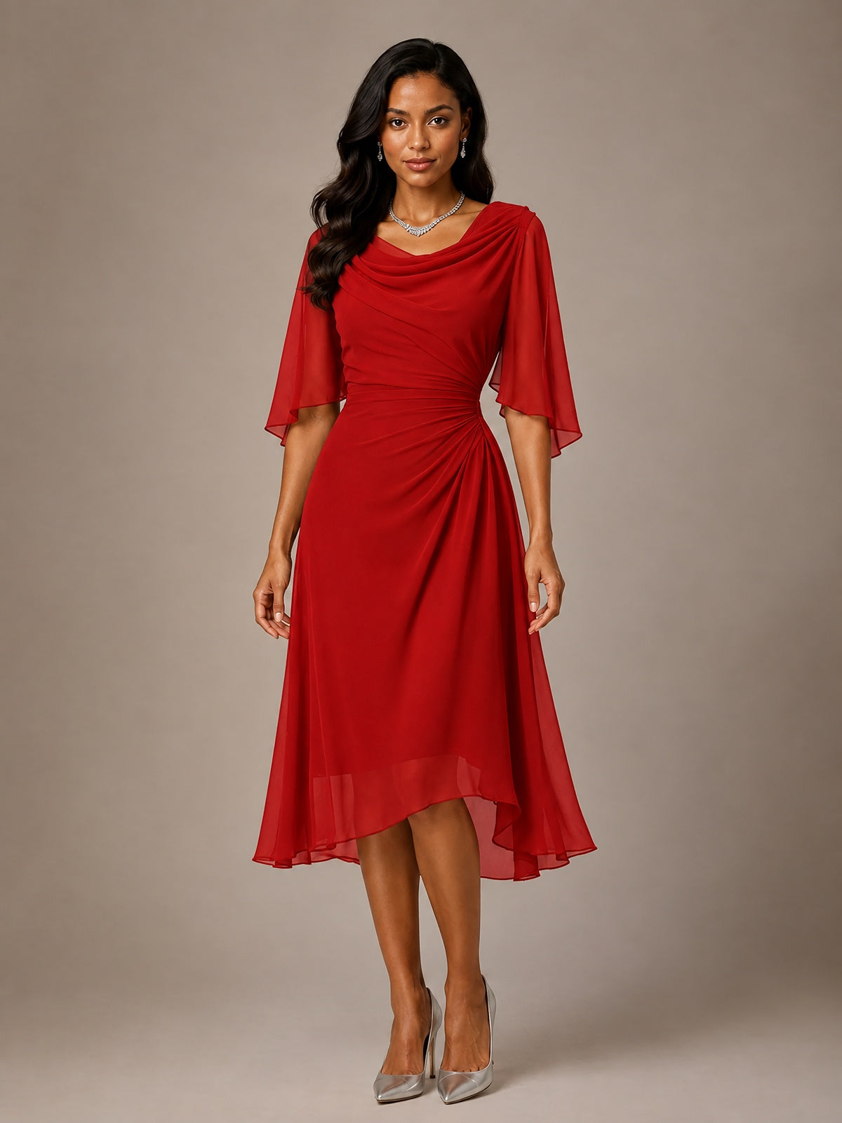 Cowl Neck Ruched Chiffon Mother of the Bride Dresses with Flutter Sleeves