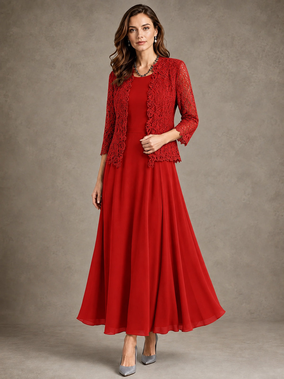 2-Piece Chiffon Mother of the Bride Dress with Lace Jacket