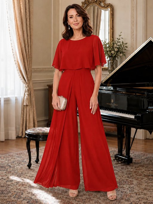 Chiffon Mother of the Bride Jumpsuit with Layered Cape Sleeves