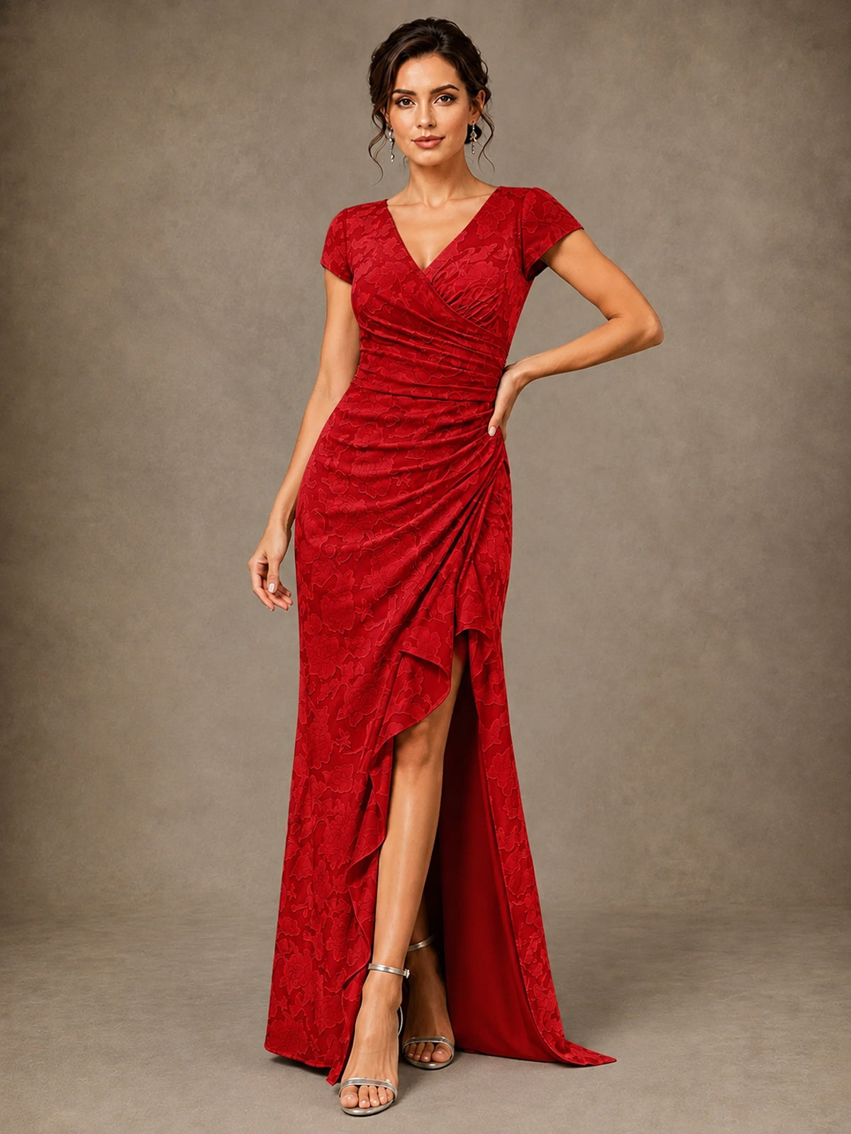 V-Neck Floral Jacquard Mother of the Bride Dress with Slit