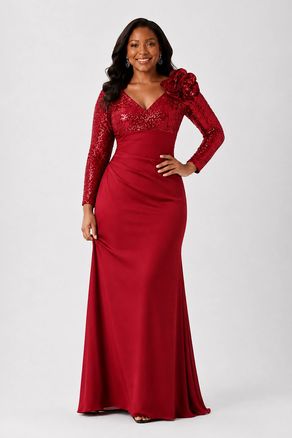 Sequin Mother of the Bride Dress with Long Sleeves 3D Floral V-Neck Gown