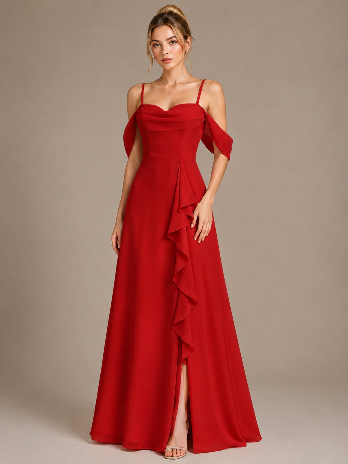 Spaghetti Strap Chiffon Bridesmaid Dress with Ruffles Slit
