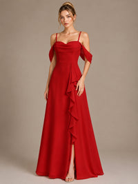 Spaghetti Strap Chiffon Bridesmaid Dress with Ruffles Slit