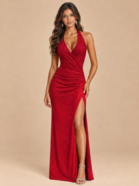 Halter V-Neck Sequin Mermaid Prom Dress with High Slit