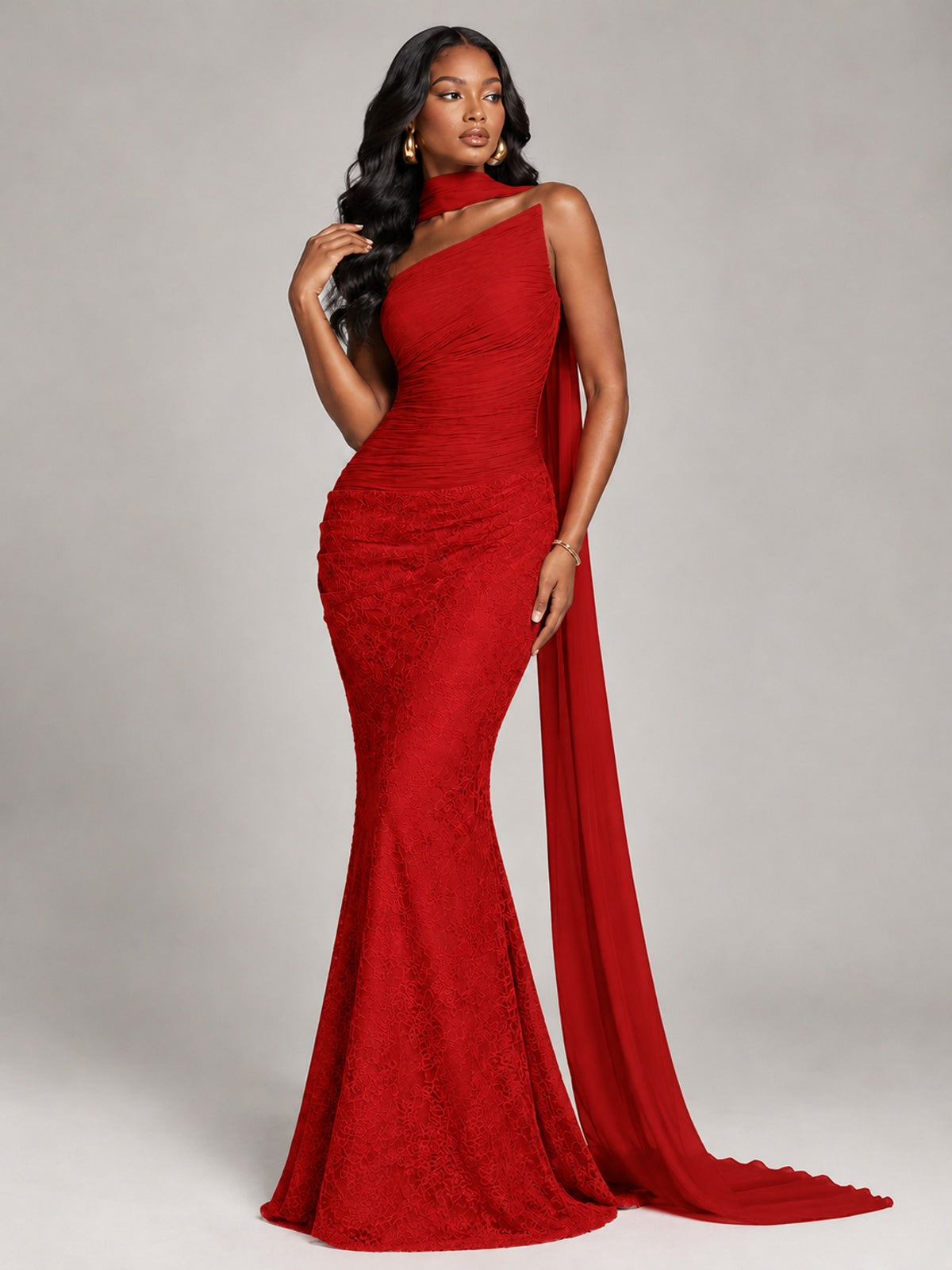 Pleated Chiffon Lace Prom Dresses Long Bodycon Mermaid with Scarf