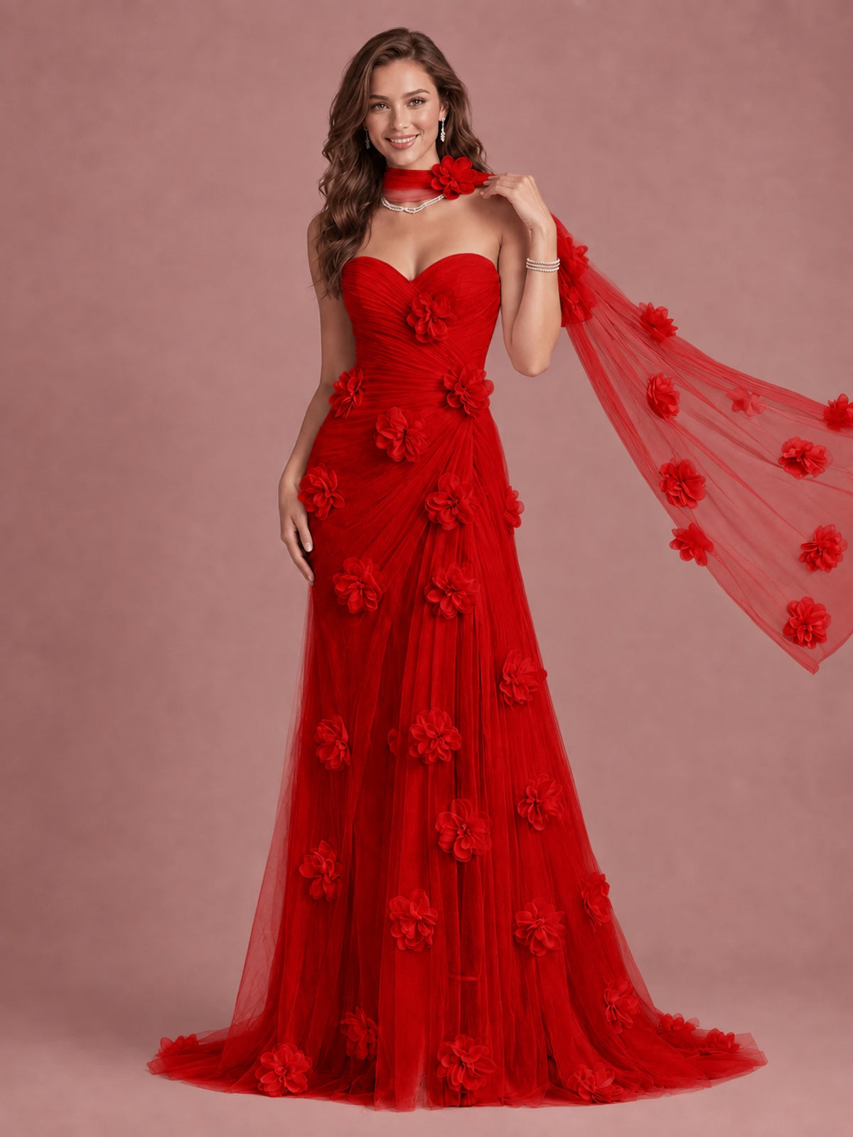 Blush Pink Strapless Sweetheart 3D Floral Tulle Mermaid Prom Dress