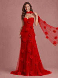 Blush Pink Strapless Sweetheart 3D Floral Tulle Mermaid Prom Dress