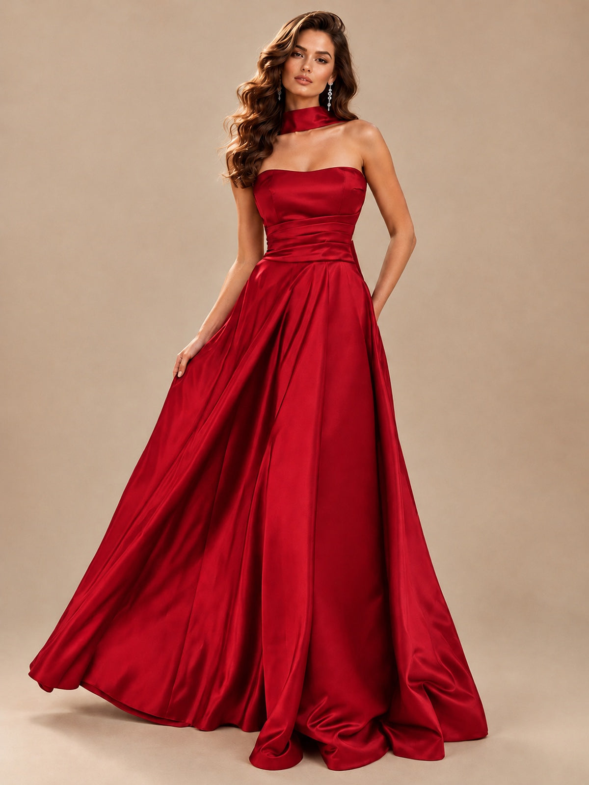 Strapless Prom Dress Side High Slit A-line Formal Dress with Scarf