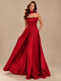 Strapless Prom Dress Side High Slit A-line Formal Dress with Scarf