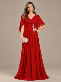 Ruched V Neck Mother of The Bride Dresses with Shawls Appliques and Cap Sleeves