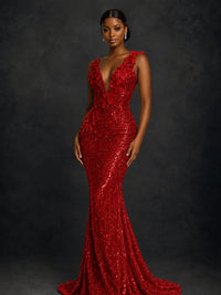 Gold Sequin Floral Applique Mermaid Prom Dress