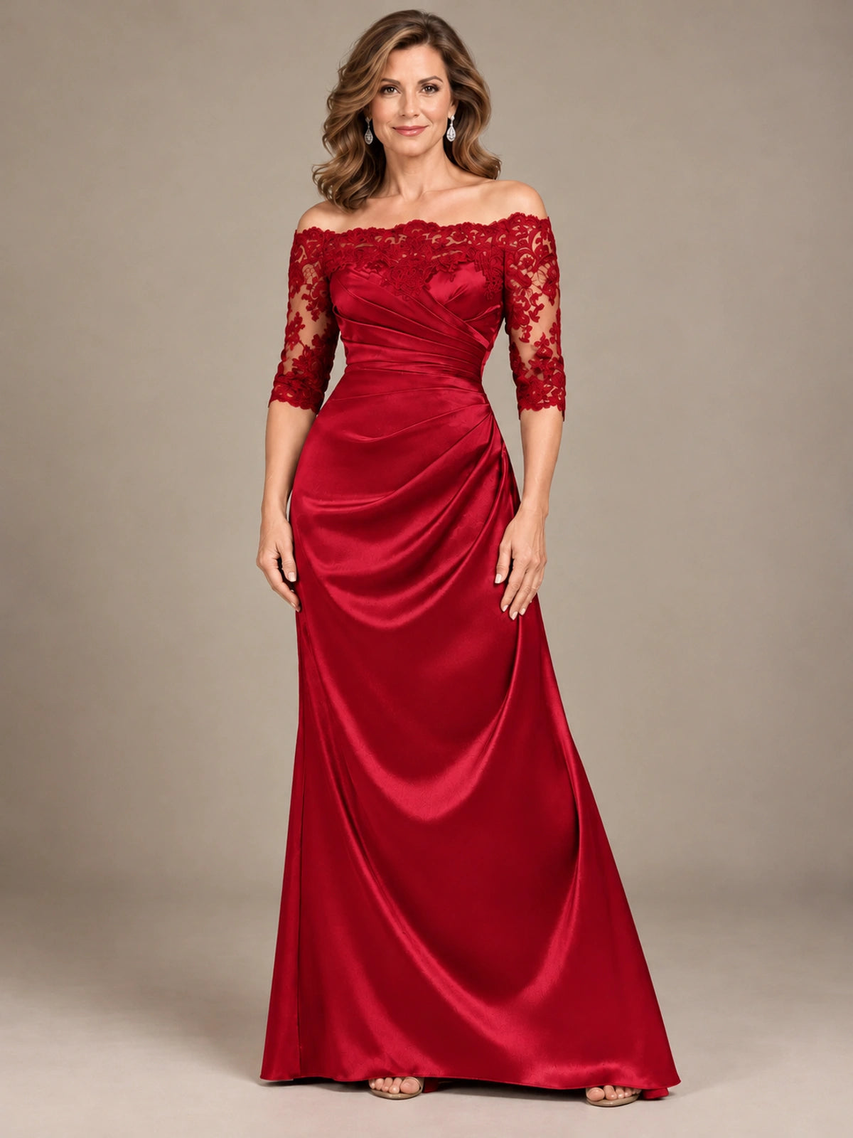 Satin Mother of the Bride Dress with Lace Sleeves Off Shoulder Formal Gown