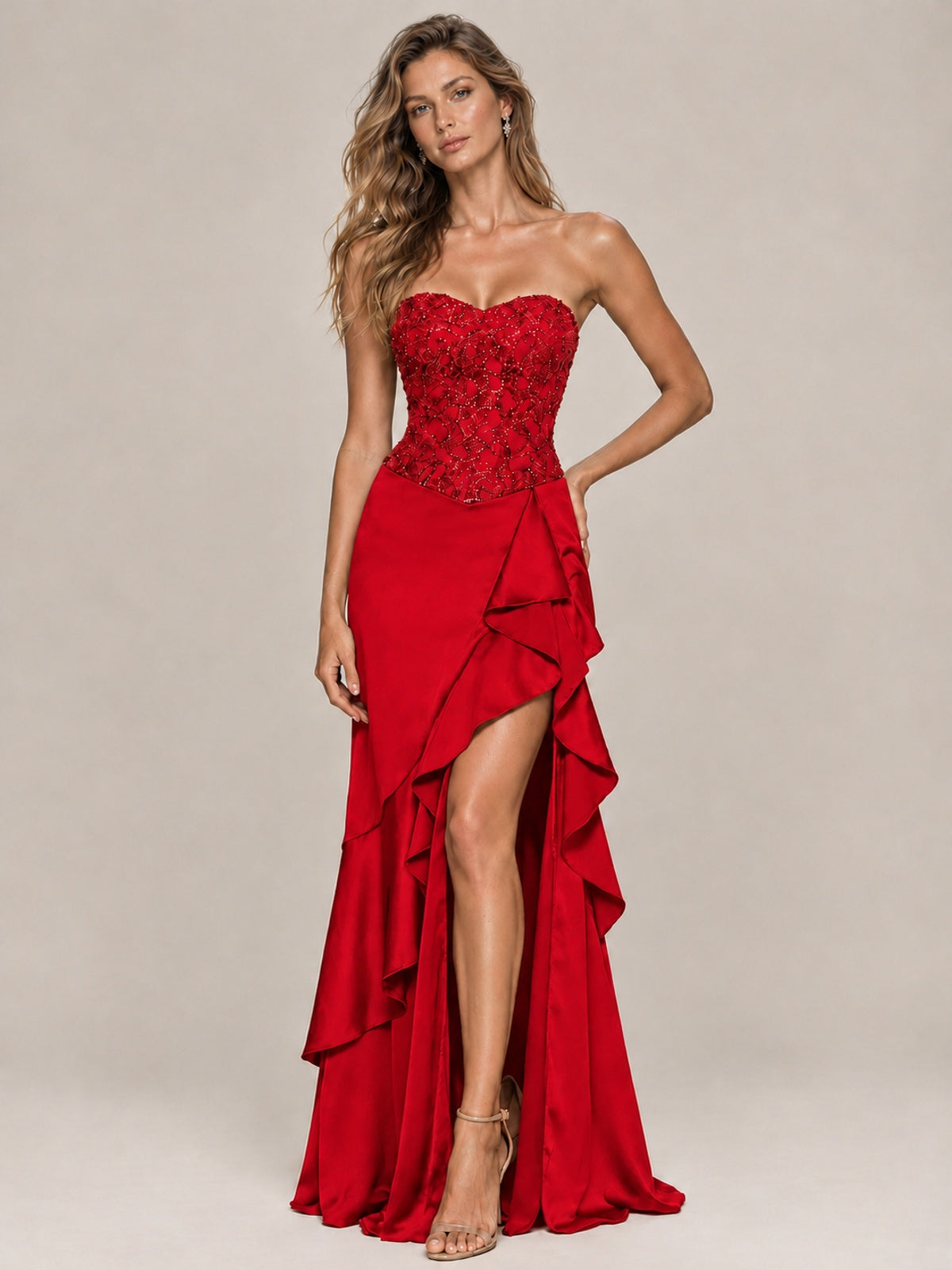 Strapless Lace Appliques Corset Satin Prom Dress Ruffle Slit Evening Gown