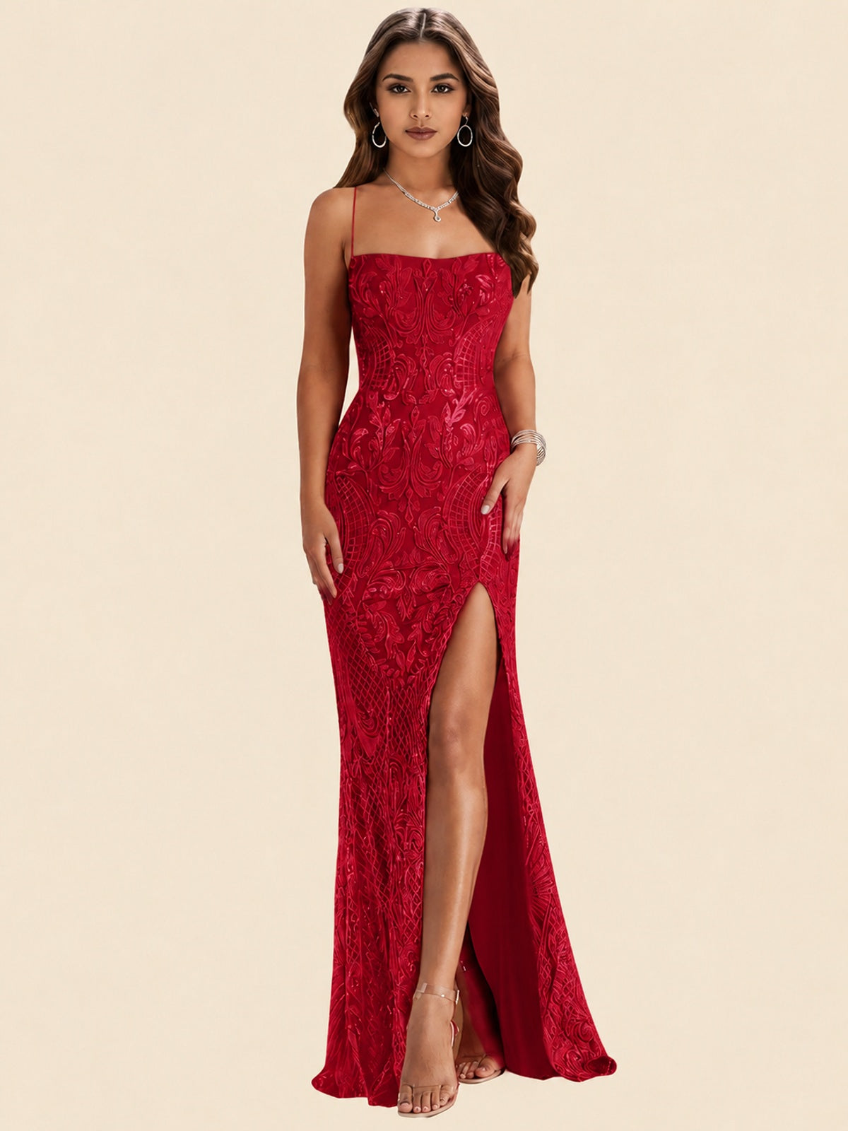 Sequin Lace Appliques Mermaid Prom Dress Spaghetti Strap Formal Gowns with Slit