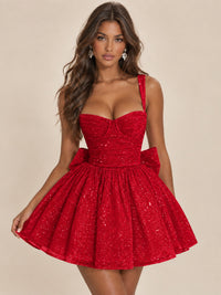 Sweetheart Glitter Tulle Puffy Mini Dress with Bow