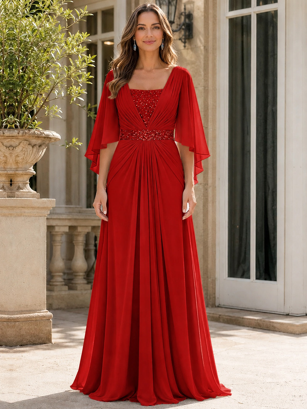 Elegant V-Neck Sequined Chiffon Mother of the Bride Dress with Flutter Sleeves