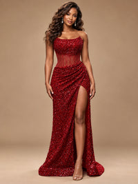 Gold Sequin Strapless Corset Prom Dress with High Slit
