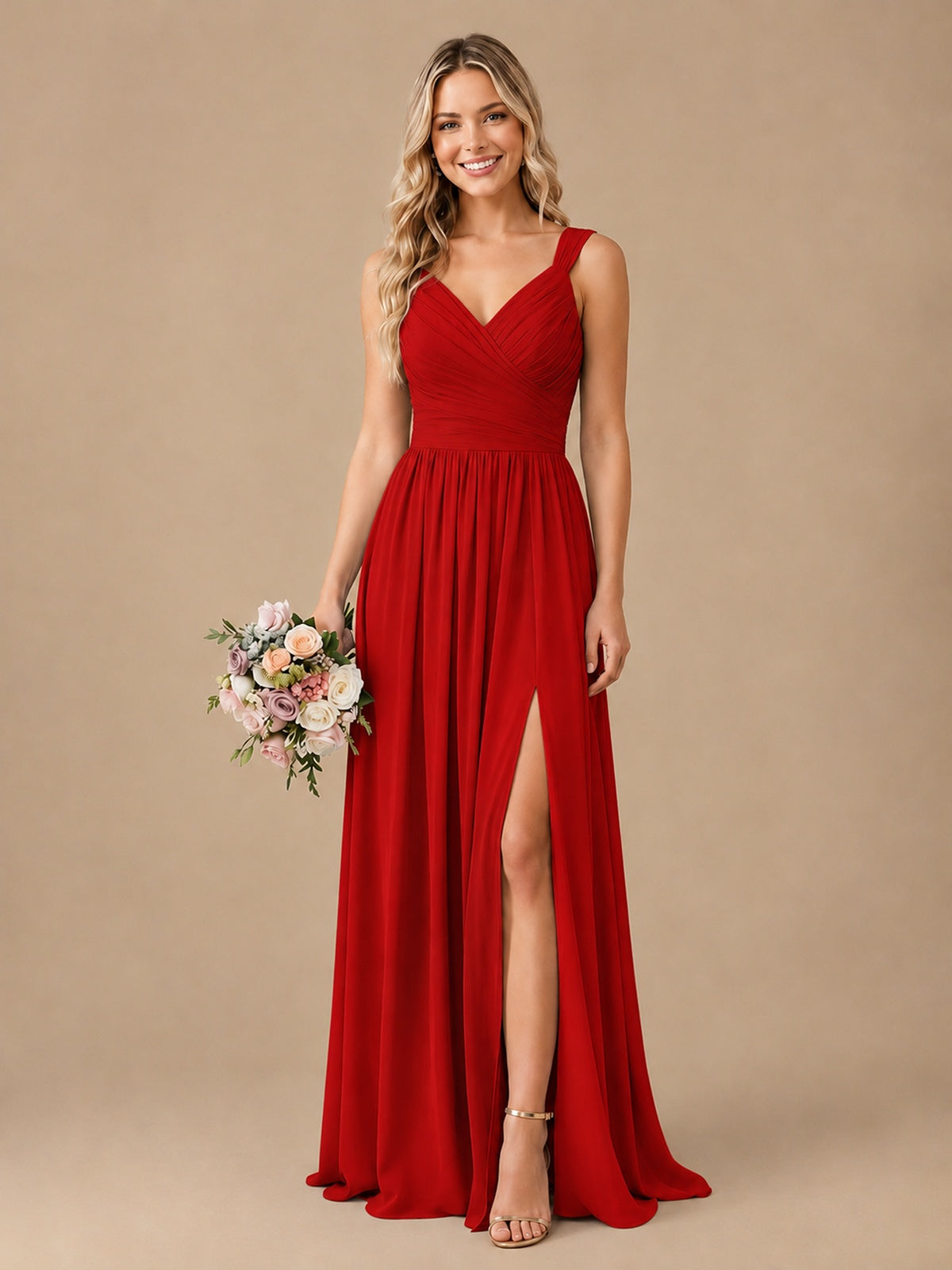 Pleated Chiffon V Neck Wedding Bridesmaid Dresses Floor Length with Slit