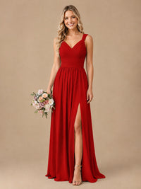 Pleated Chiffon V Neck Wedding Bridesmaid Dresses Floor Length with Slit