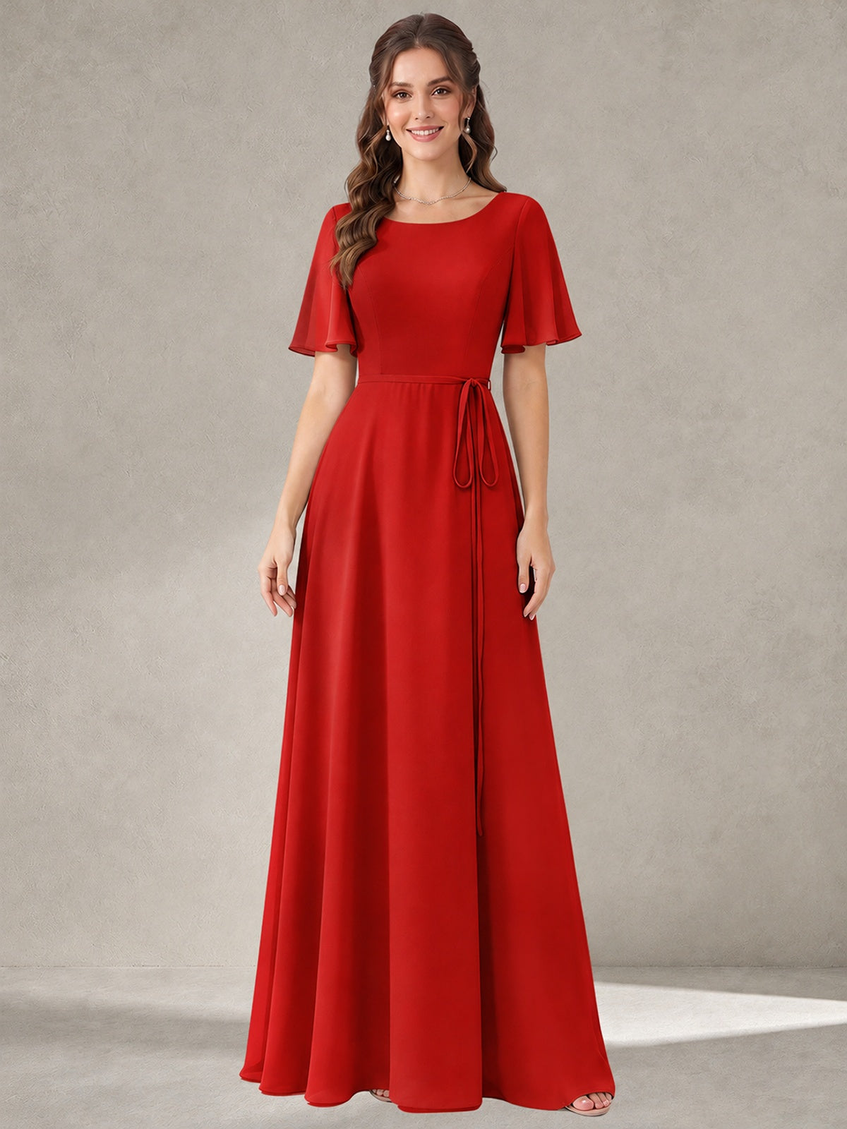 Red Scoop Neck A-line Chiffon Bridesmaid Dress with Belt Flutter Sleeve Formal Wedding Guest Dress Evening Gown