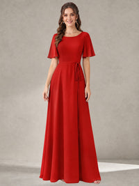 Red Scoop Neck A-line Chiffon Bridesmaid Dress with Belt Flutter Sleeve Formal Wedding Guest Dress Evening Gown