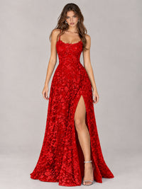 Floral Lace A-Line Prom Dress with Spaghetti Straps & High Slit
