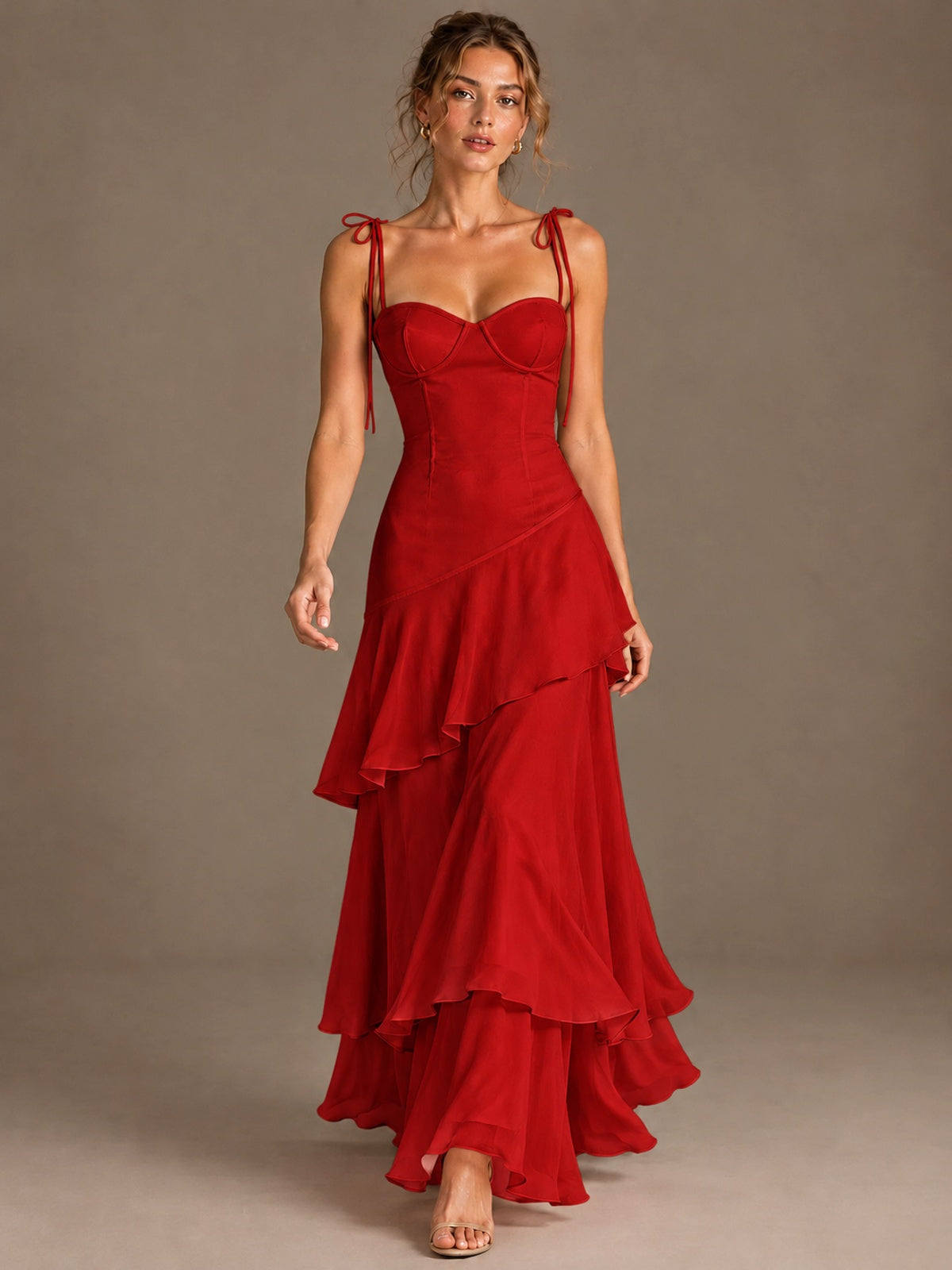 Spaghetti Strap Tiered Ruffles Chiffon Prom Dress