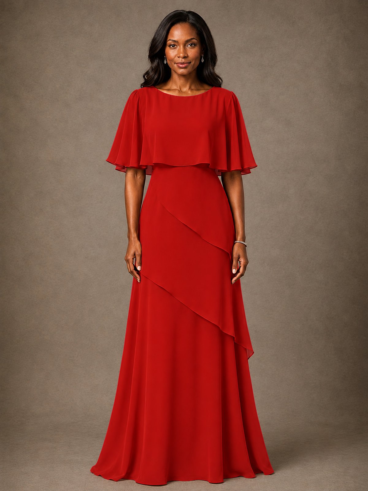 Taupe Chiffon A-Line Mother of the Bride Dress with Cape Sleeves