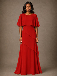 Taupe Chiffon A-Line Mother of the Bride Dress with Cape Sleeves