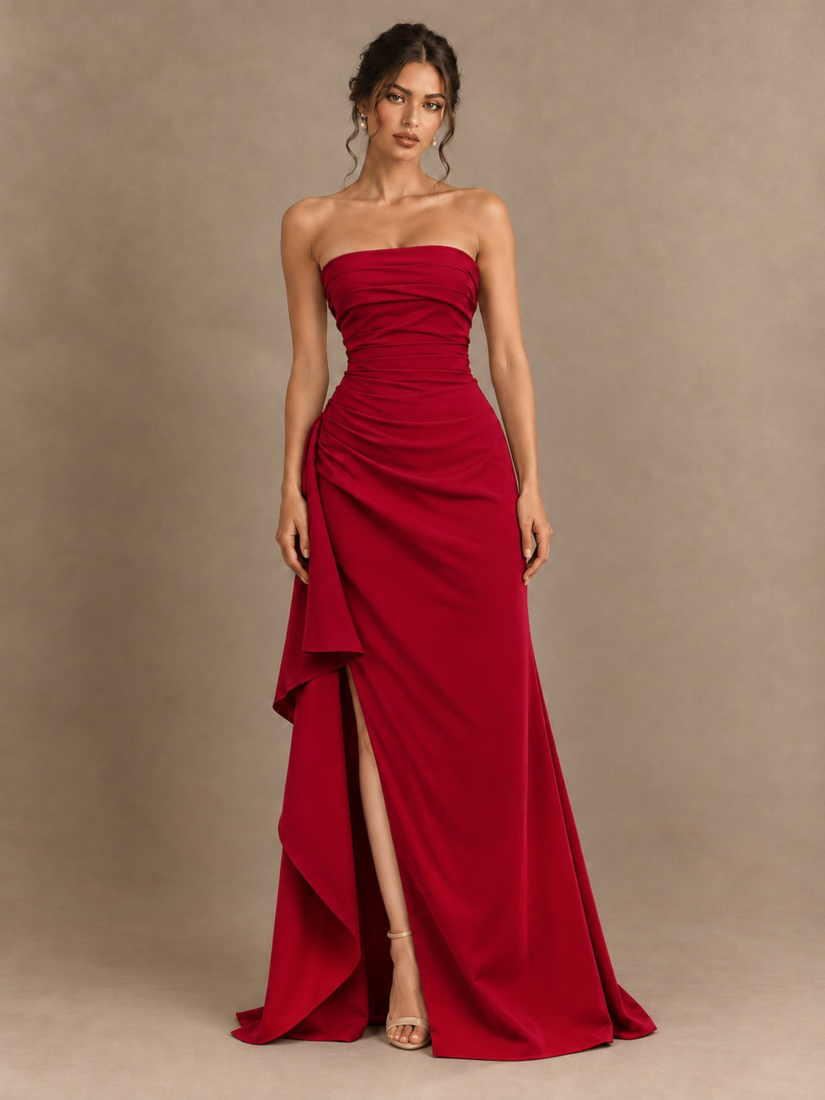 Black and White Strapless Ruched Prom Dress with High Slit & Side Drape