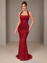 Red Halter Sequin Mermiad Ruched Prom Dress Long Ruched Eveing Gown