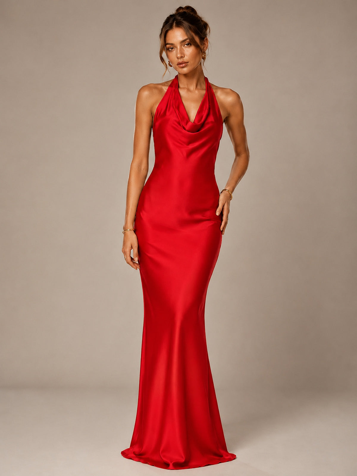 Olive Green Halter Satin Mermaid Maxi Dress