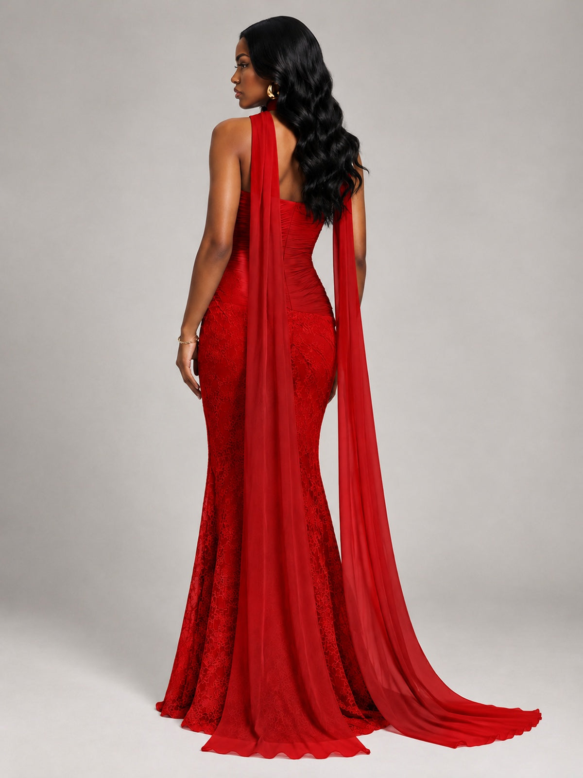Pleated Chiffon Lace Prom Dresses Long Bodycon Mermaid with Scarf