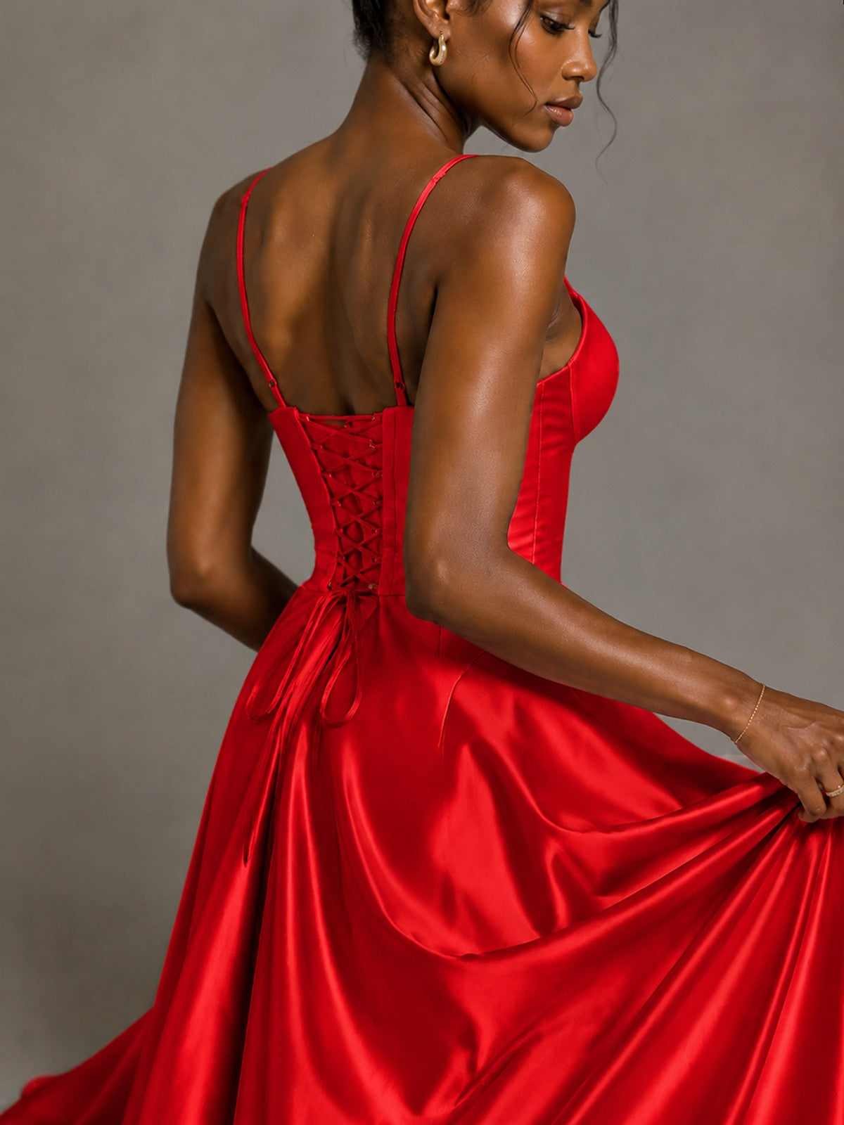 Lavender V Neck Satin Prom Dress with Spaghetti Straps
