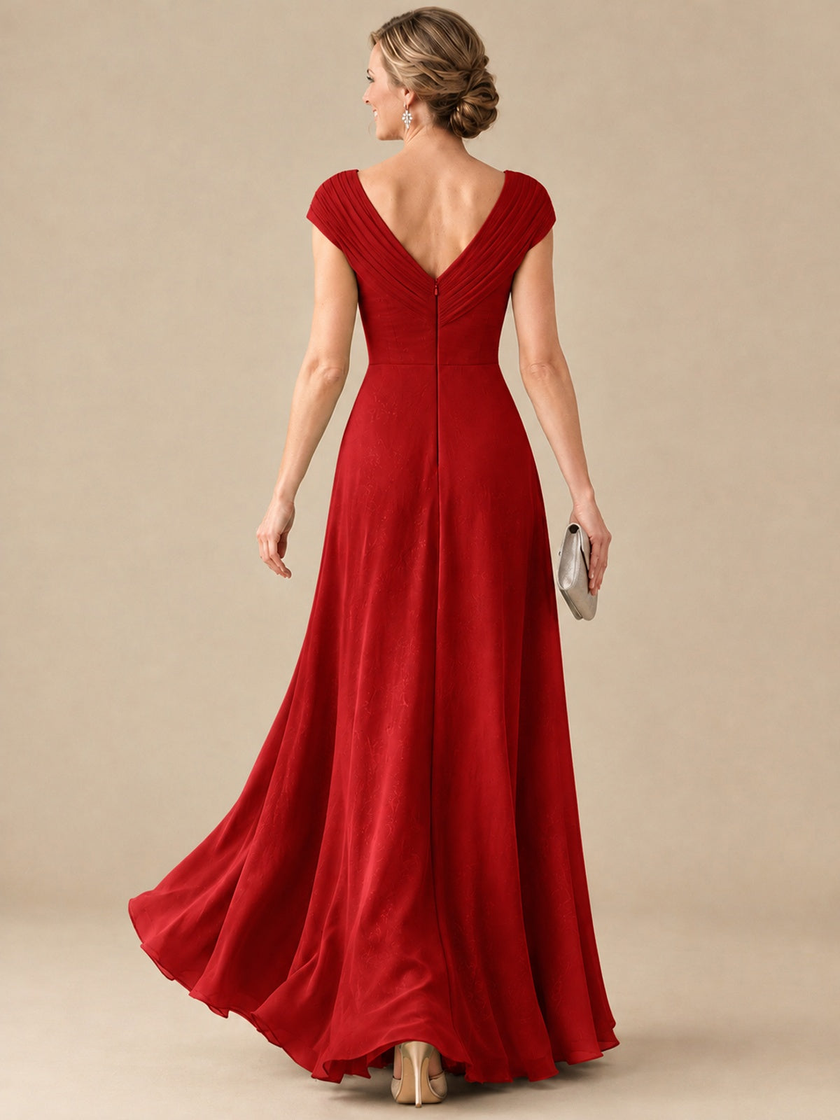 Pleated Chiffon Lace Mother of The Bride Dresses with Beading Cap Sleeves