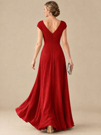 Pleated Chiffon Lace Mother of The Bride Dresses with Beading Cap Sleeves