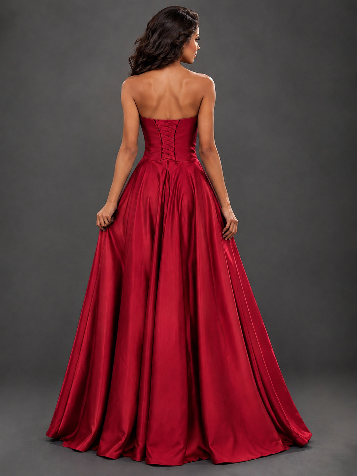 Draped Satin Prom Dress Strapless A-line Formal Dress Floor Length