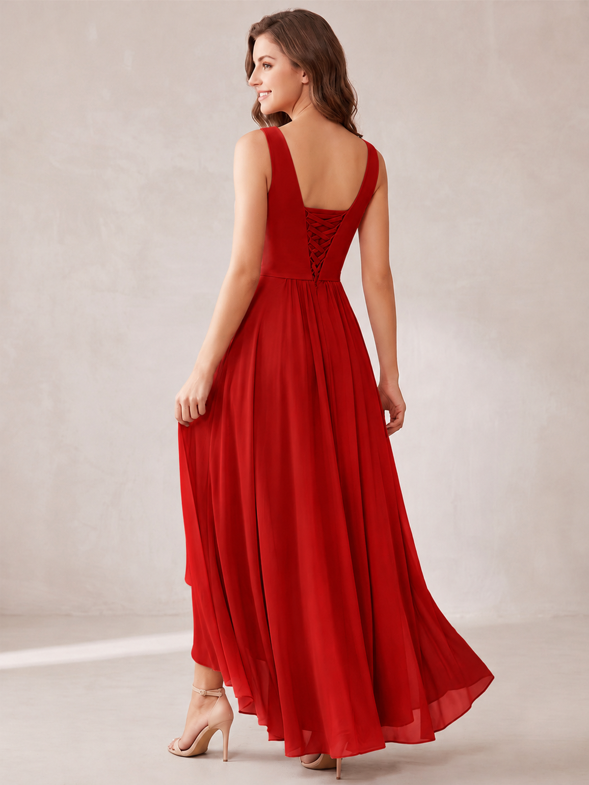 V-Neck High-Low Chiffon Bridesmaid Dress with Ruffles